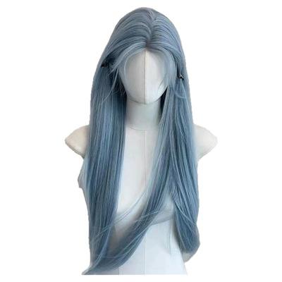 蓝精灵假发蓝色长发中分直发蕾丝