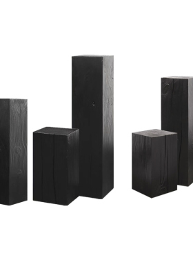 侘寂风碳化木墩子黑色实木花架