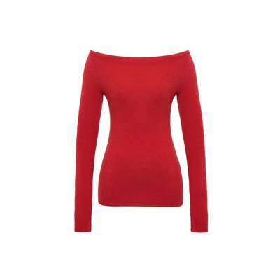 磨毛一字肩红色长袖t恤
