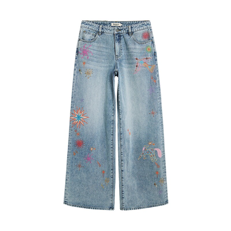 Desigual26春夏新品宽松童话烟花飞鸟绣花钉珠女式牛仔裤