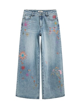 Desigual26春夏新品宽松童话烟花飞鸟绣花钉珠女式牛仔裤