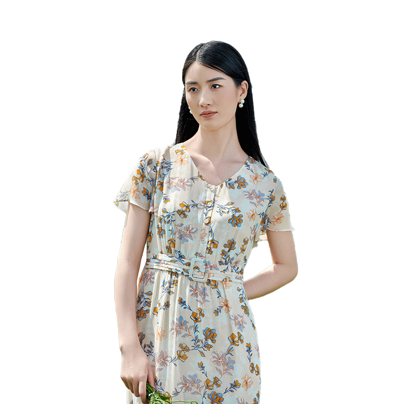 佐尔美高质感 桑蚕丝真丝乔其小碎花甜美连衣裙女E22LS36