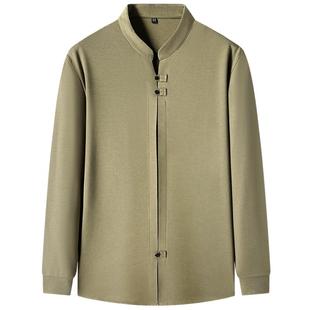 新中式国风长袖T恤男士秋季复古衬衣立领POLO衫内搭上衣外穿体恤