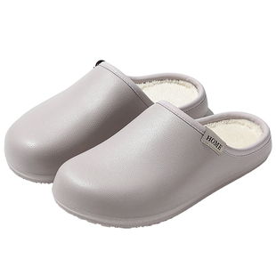 皮纹防水棉拖鞋女士冬季2025新款室内家居加厚底包头毛绒保暖棉拖