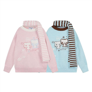 小杭还没吃饱原创甜美猫咪条纹围巾毛衣女马海毛针织衫百搭宽松潮