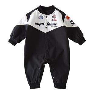 春秋婴儿赛车服连体衣男女宝街头外出冲锋衣宝宝哈衣帅气机车爬服