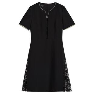 YINER音儿专选女装法式玉兰花印花夏日小黑裙拼收褶小蛮腰连衣裙