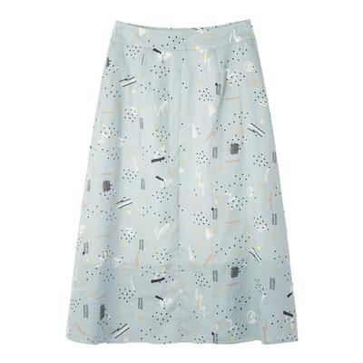 布景半身裙女夏季简约气质碎花A字裙中长款过膝高腰苎麻裙子3029