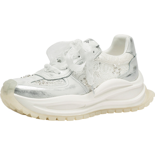 CDF女鞋2025夏季新款时尚厚底增高网面鞋气质蕾丝拼接休闲运动鞋