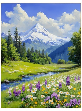 雪山草甸山水数字油画治愈系
