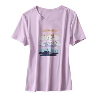 时尚减龄气质印花短款上衣女薄款纯棉显瘦丝光棉圆领短袖t恤女夏