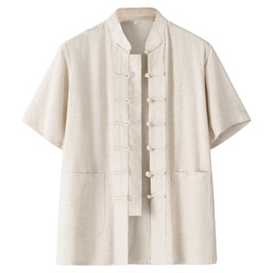 夏季薄款唐装棉麻短袖衬衫中式复古男装禅茶服居士服爸爸装中国风