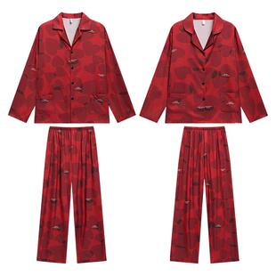 乐姿梦冰丝那么红结婚睡衣女春秋情侣新婚红色家居服套装男士夏季