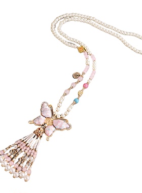 新中式宋锦粉蝴蝶流苏旗袍项链