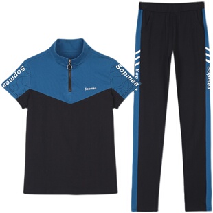 运动套装女夏季立领薄款2025新款大码潮牌休闲时尚短袖长裤两件套