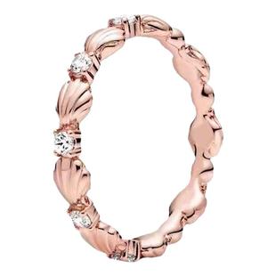 纯18K玫瑰金贝壳戒指美国进口D色莫桑石小众超闪可叠戴情侣指环潮