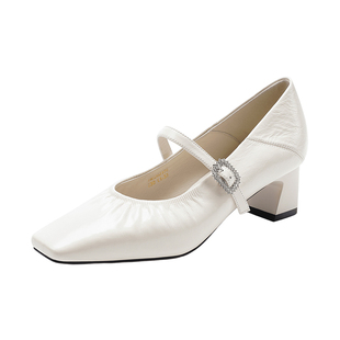 哈森时尚方头粗跟玛丽珍鞋气质百搭通勤高跟鞋2026新款HWS260176