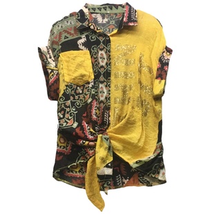 民族风印花ab面拼接衬衫女2025夏季下摆打结落肩短袖衬衣烫钻时尚