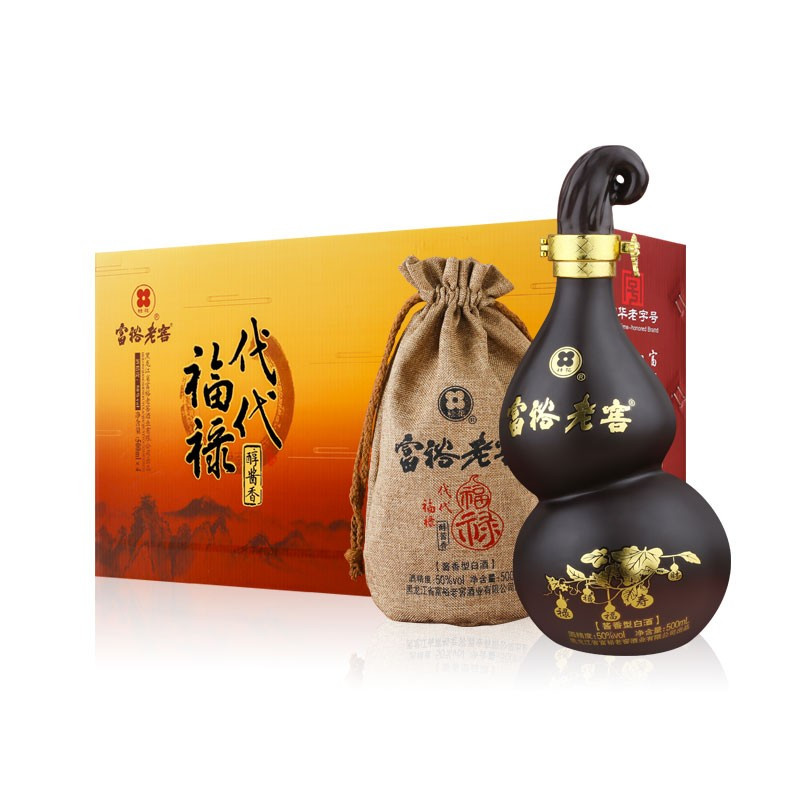 富裕老窖粮食白酒50度酱香商务酒桂花牌礼盒代代福葫芦婚庆礼盒酒