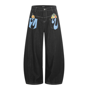 HY711 涂鸦反穿口袋设计微弯刀黑色原牛牛仔裤男女宽松阔腿裤子