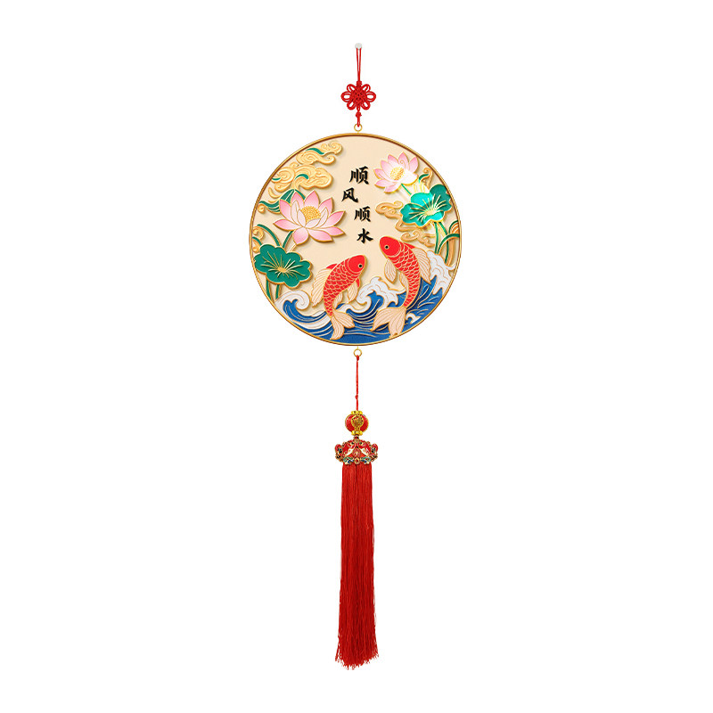 新中式圆形莲年有余装饰画客厅玄关中国结流苏挂件电视背景墙挂画