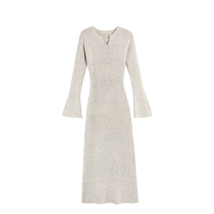 MULVAN 【现货7折】高光缪斯 设计感v领针织连衣裙女喇叭袖长裙