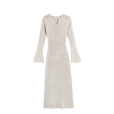 MULVAN 【现货7折】高光缪斯 设计感v领针织连衣裙女喇叭袖长裙