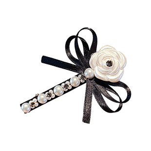 小香风珍珠山茶花发夹气质蝴蝶结懒人鸭嘴夹侧边刘海高级感碎发饰