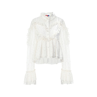 lefame拉飞姆秋季荷叶边装饰金葱衬衫女上衣（配内搭）