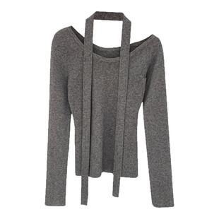 拉夏贝尔高级感挂脖飘带斜肩长袖针织衫女秋季独特超好看露肩上衣