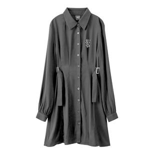 A21女装A字型修身方领长裙春季新款简约休闲小黑裙收腰短款连衣裙