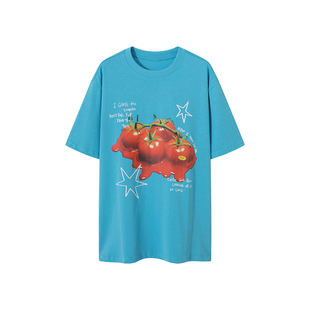 CCKOK 西红柿印花宽松湖蓝色T恤2025夏季新款美式宽松显瘦短袖女