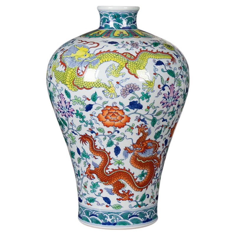 青花斗彩龙纹梅瓶陶瓷摆件