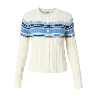 「heris」“航海假日”海军蓝条纹 坑条提花显瘦羊毛针织开衫上衣