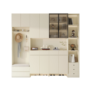 鞋柜定制橡木一体靠墙换鞋凳全实木入户玄关门厅家用门口储物高柜