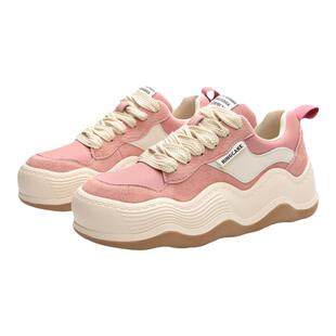 2026新款四季女鞋樱花粉波浪厚底运动休闲牛皮板鞋女真皮面包单鞋