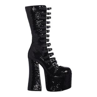 美国代购Dazzle◇手作闪耀亮片黑色前扣喇叭形块跟女士中筒靴子