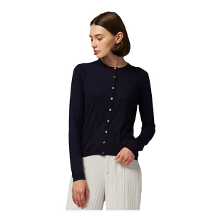 圣雪绒秋冬新品精纺羊绒衫女士圆领简约百搭修身轻薄针织开衫