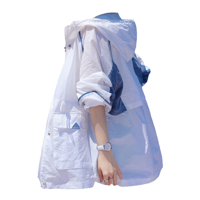 韩版中长款牛仔拼接防晒衣外套