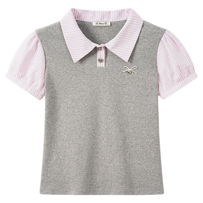 粉色条纹拼接假两件polo领短袖女