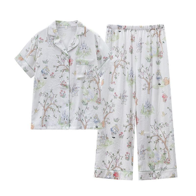 轻软睡衣女夏季竹纤维棉纱布短袖短裤长袖长裤薄款春秋家居服套装