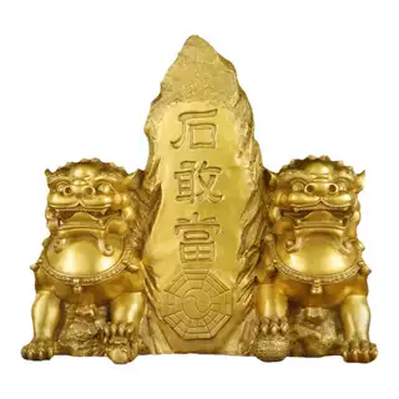 纯黄铜石敢当摆件纯铜双狮子泰山石敢当补角镇宅桌面风水家居摆件