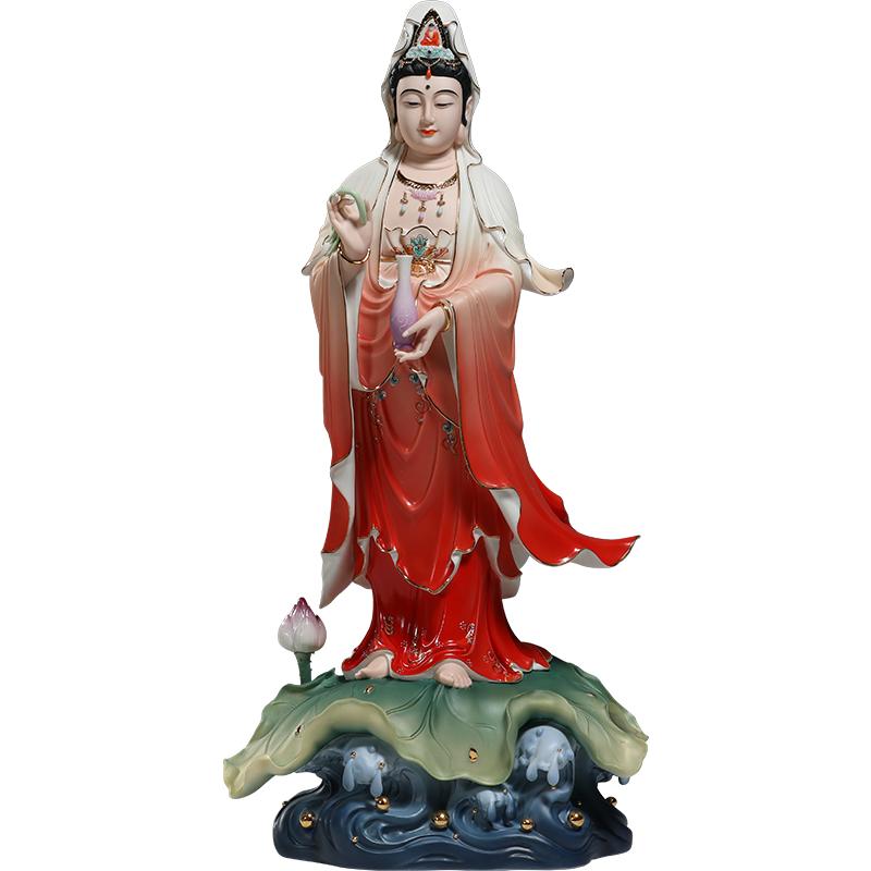 微美陶瓷16至32寸立荷观音菩萨像供奉观音佛像家用陶瓷禅意摆件