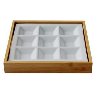 外贸出口原单白瓷料理餐具陶瓷九格盘配木托前菜分割盘英式早餐盘