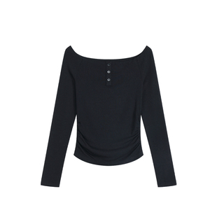 pusumede 高智冷感 黑色一字肩针织衫女气质露肩长袖修身T恤上衣