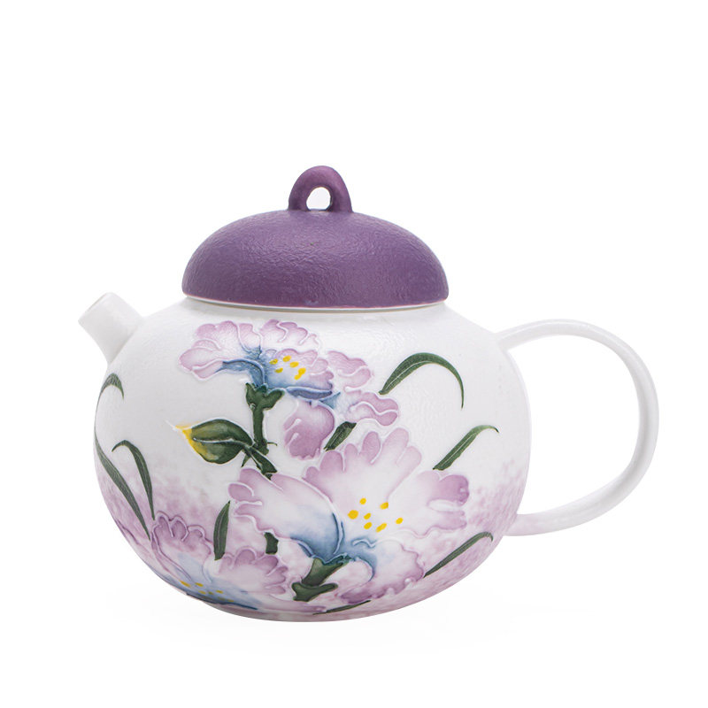 岩矿白手绘堆雕晓圆壶家用防烫陶瓷茶壶紫鸢芳华功夫茶具泡茶壶