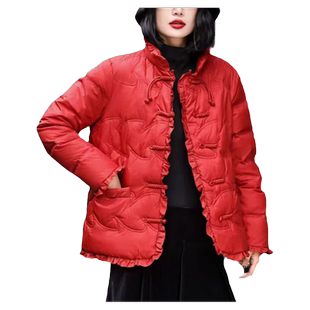 木耳边花边盘扣羽绒服女2025新款白鸭绒立领轻薄保暖中式羽绒外套