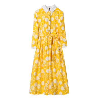 2024春秋旅行文艺纯棉黄色波点印花连衣裙女长袖白色收腰显瘦长裙