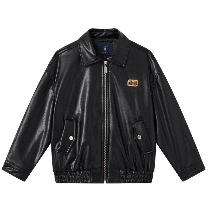POLOWALK女童外套2026秋季新品翻领金色绣标儿童时尚机车夹克