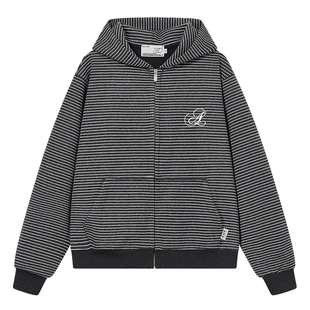 HACR绒感连帽条纹卫衣 美式复古刺绣宽松连帽开衫外套男女